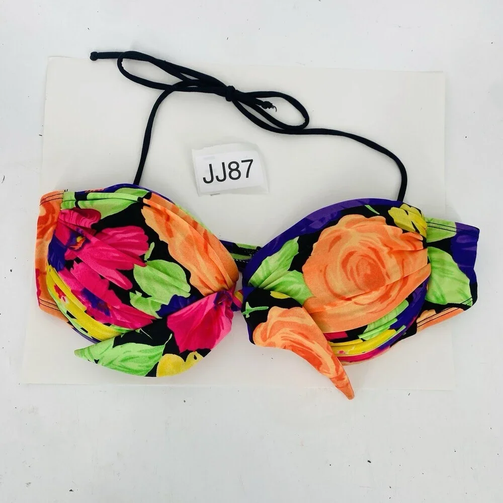 Vintage La Blanca 80's Moulded Cup Swim Top Made in USA Colorful Floral Knot 14